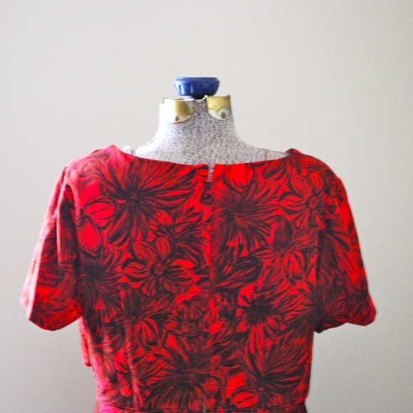 Red floral cocktail dress w/ scalloped detail L/XL - Picture 7 of 9